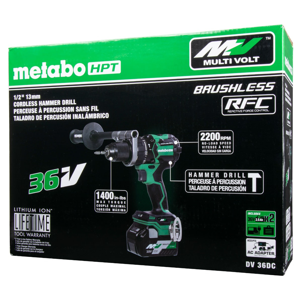 Metabo 36V MultiVolt Brushless 1/2 in. Hammer Drill with 2x 2.5Ah Batteries, Charger & Case DV36DCM