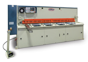 Baileigh 96 inch hydraulic plate shear with white body and bright orange upper blade guard and left side control panel