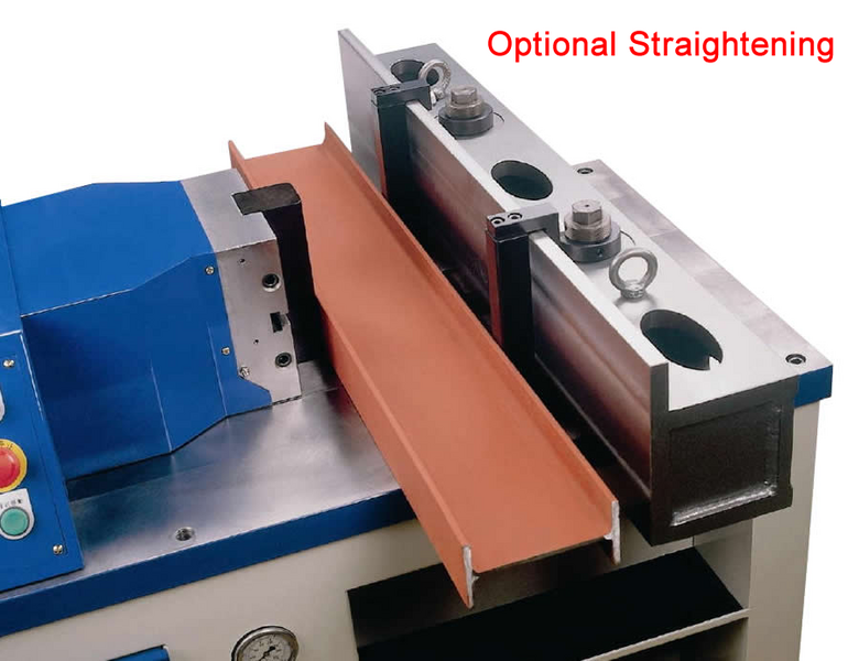 Close up of optional straightening tooling on a Baileigh press brake with a copper sheet between dies.