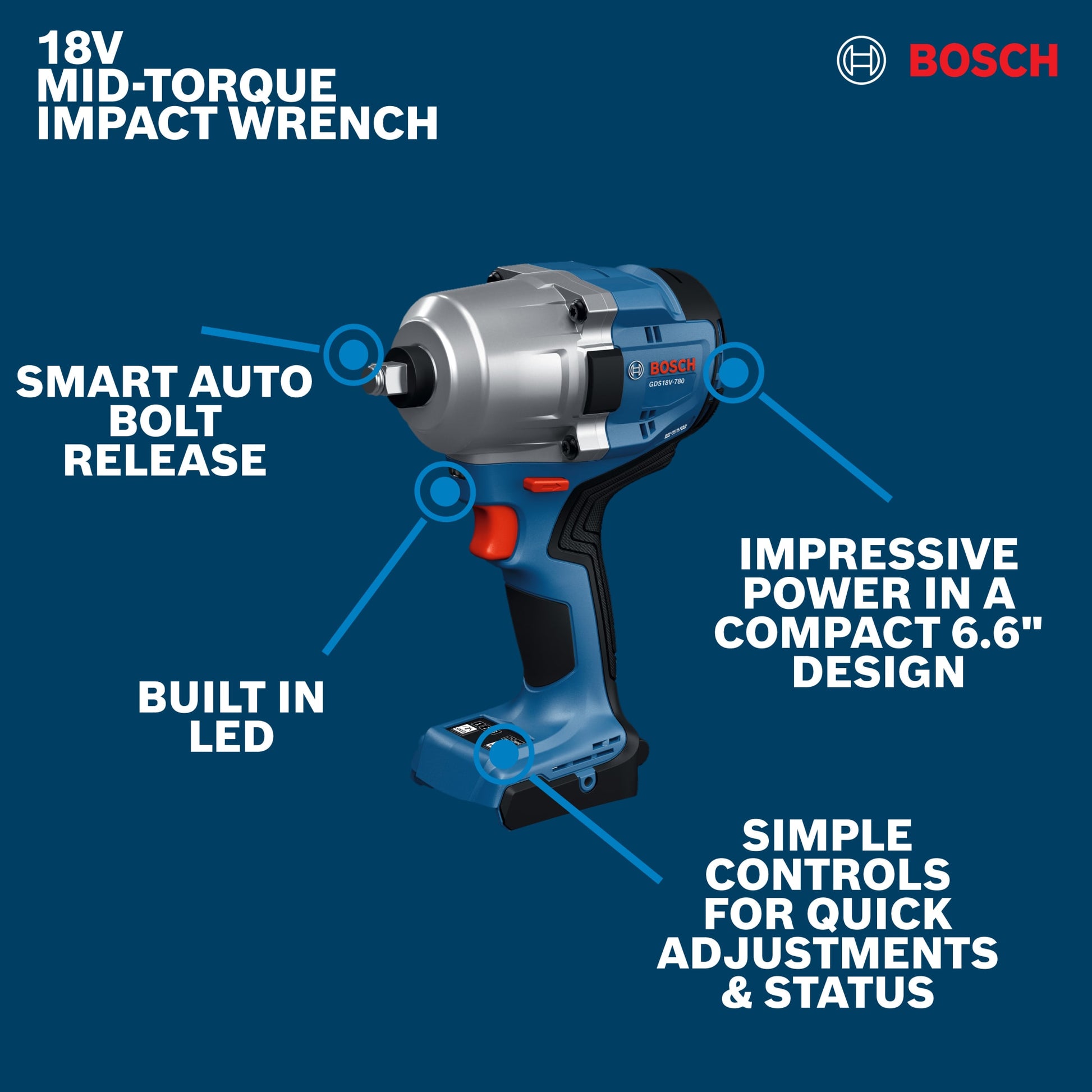 Bosch 18V 1/2" Mid-Torque Impact Wrench (Bare Tool) GDS18V-780N