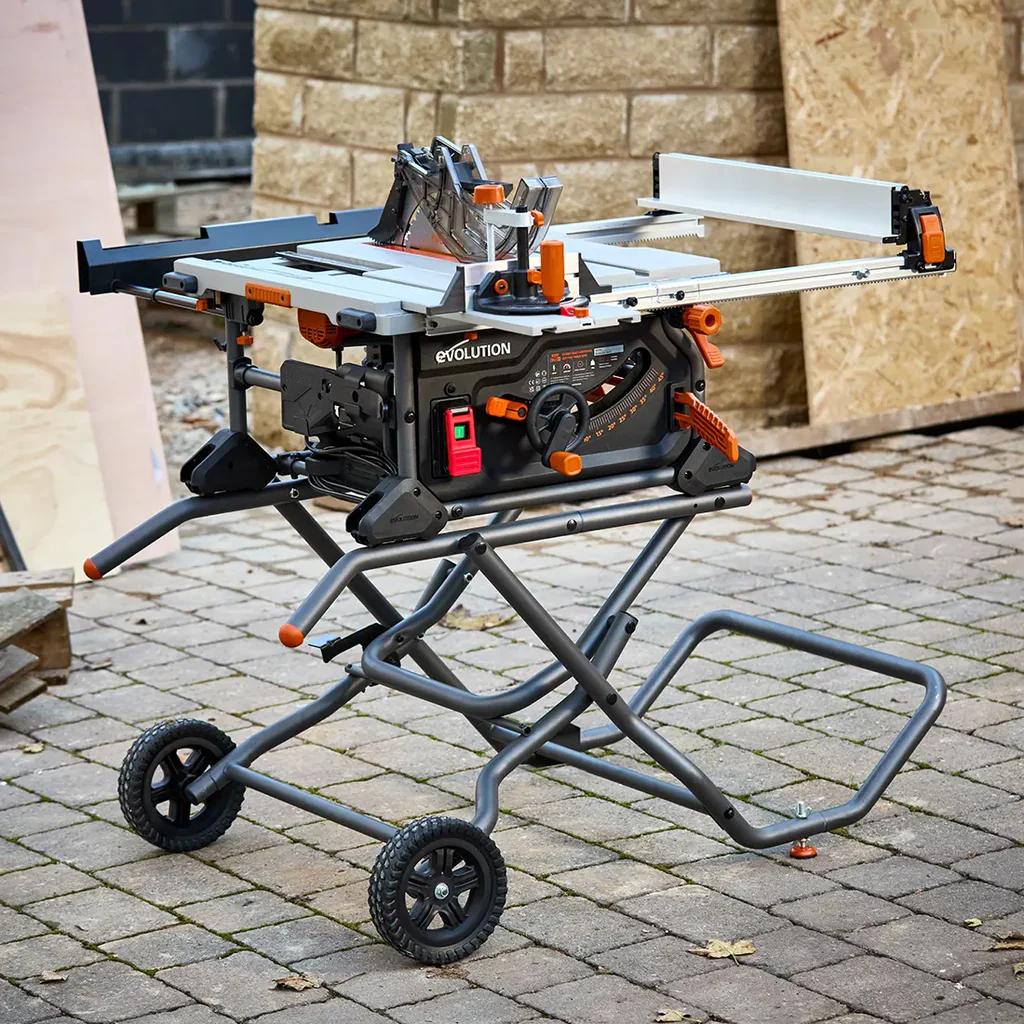 Evolution R10TBLX Multi-Material Table Saw w/ Wheeled Scissor Stand & 10 in. Blade 119-0019