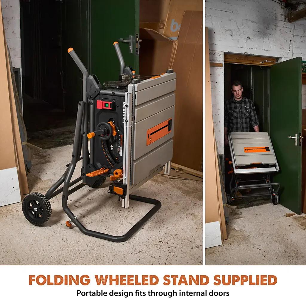 Evolution R10TBLX Multi-Material Table Saw w/ Wheeled Scissor Stand & 10 in. Blade 119-0019