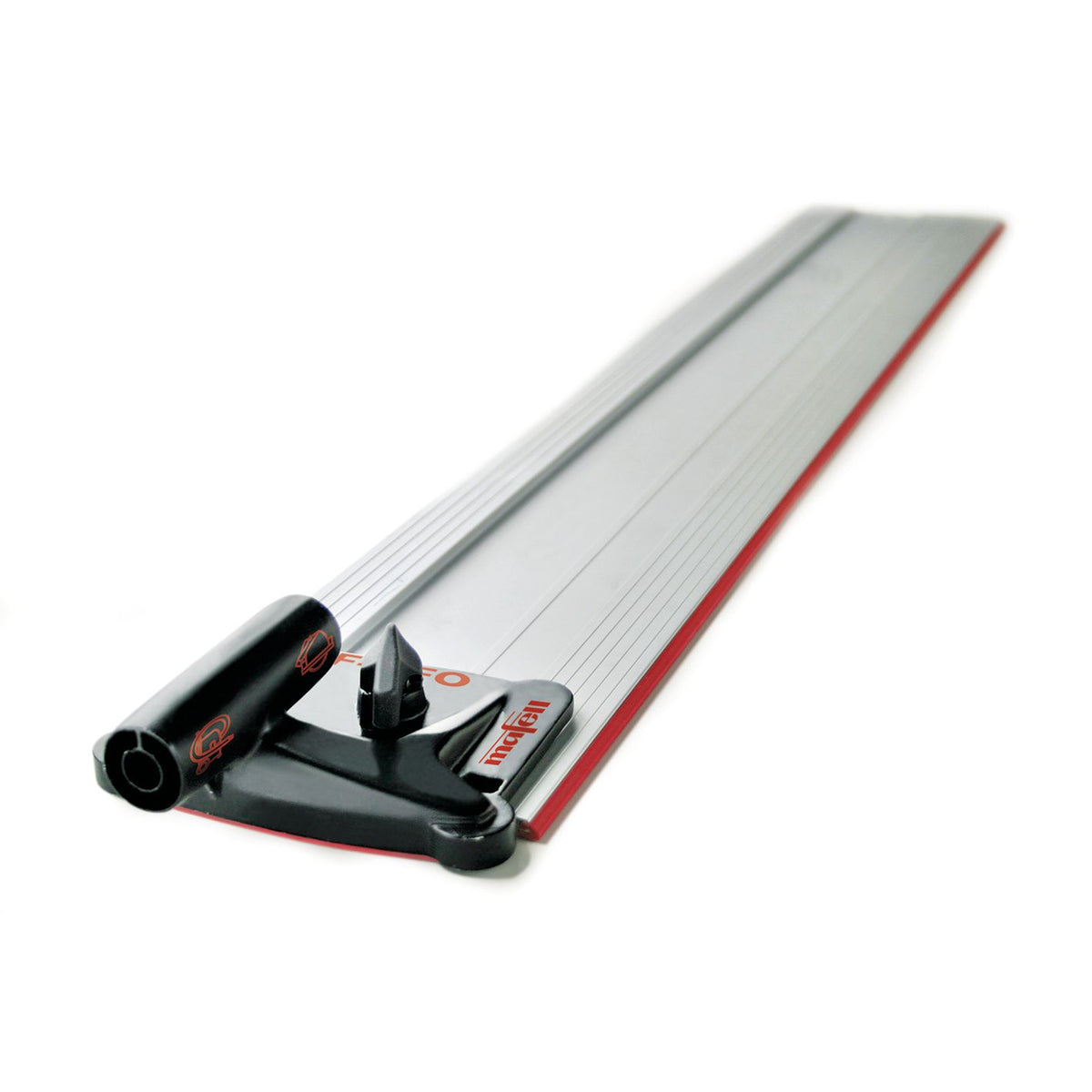 Close up of Mafell Aerofix 1 suction clamping on a 1.3m aluminum guide rail with red base and black clamp housing.