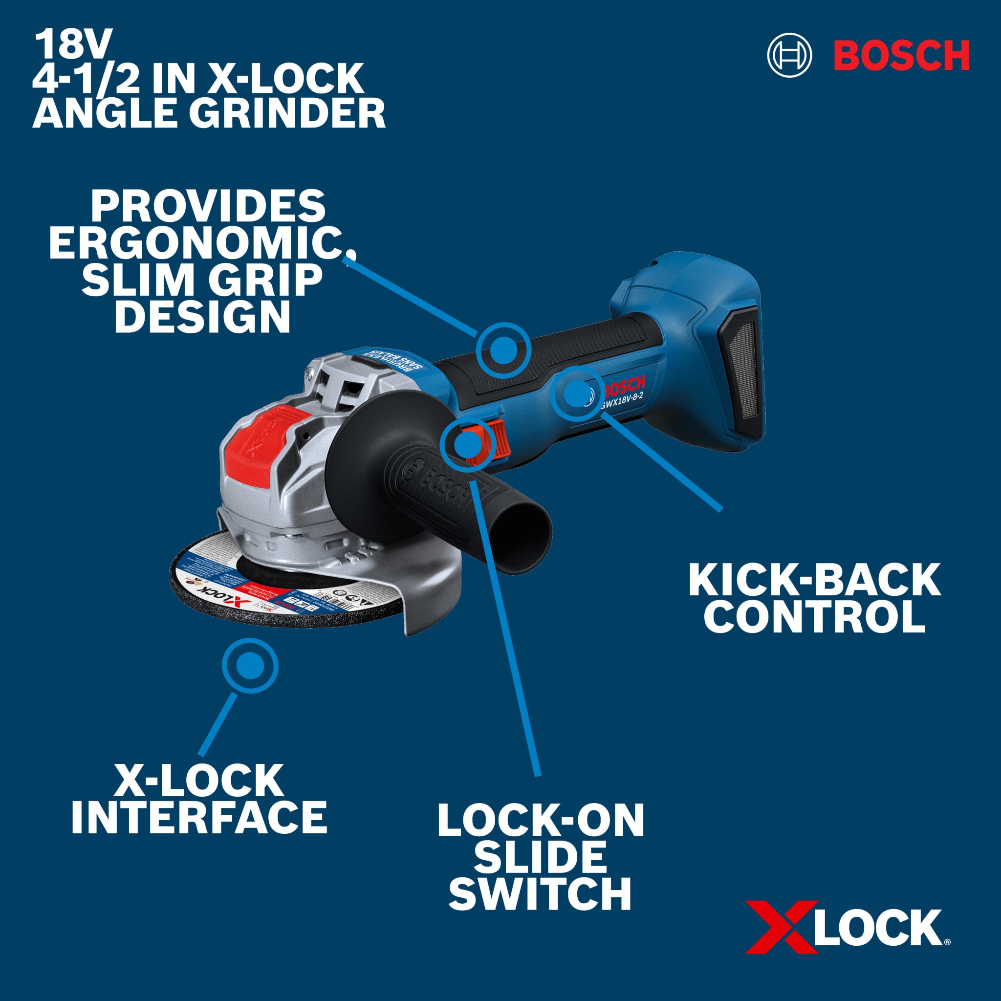 Bosch 18V X-LOCK 4-1/2" Angle Grinder with Slide Switch (Bare Tool) GWX18V-8-2N