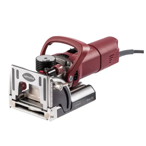 Router tool with red handle and metal base on a white background