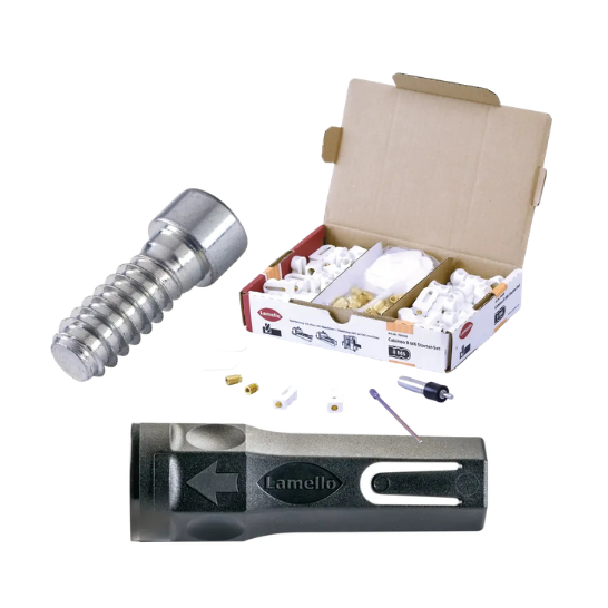  dental implant components including a screw, holder, and packaging on a white background