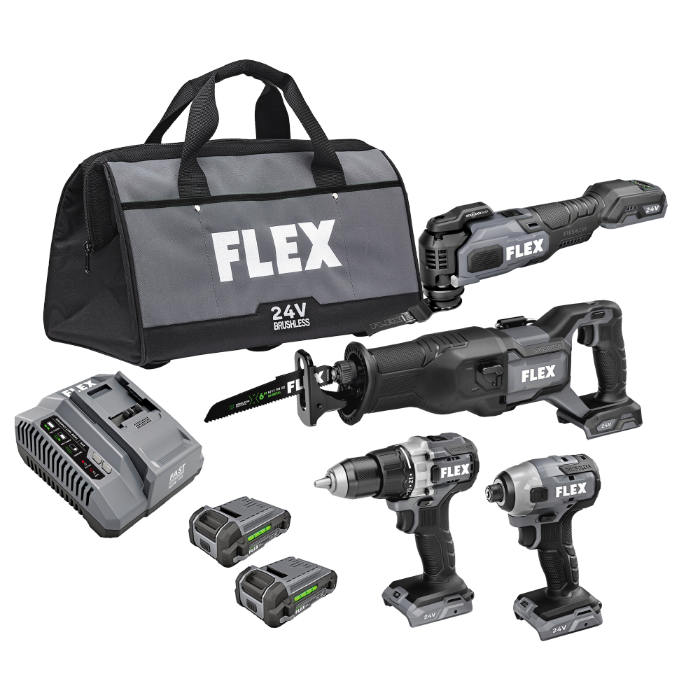Flex Tools 24V Cordless Brushless 4-Piece Combo Kit with Reciprocating Saw, Oscillating Multi-Tool, Drill Driver, Impact Driver, (2) 2.5Ah Batteries FXM404-2A