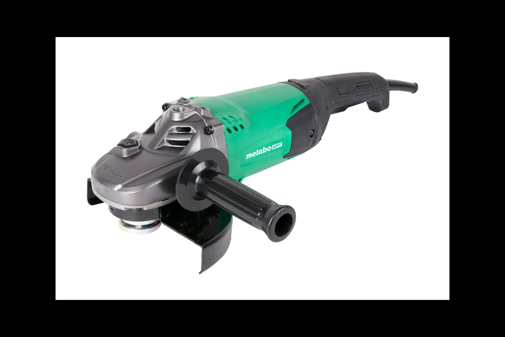 Green and black angle grinder with Metabo branding on a white background