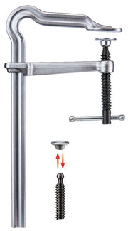 Omega Bend F-Style clamp with an 8 by 4 inch jaw and heavy screw for vibration resistant clamping