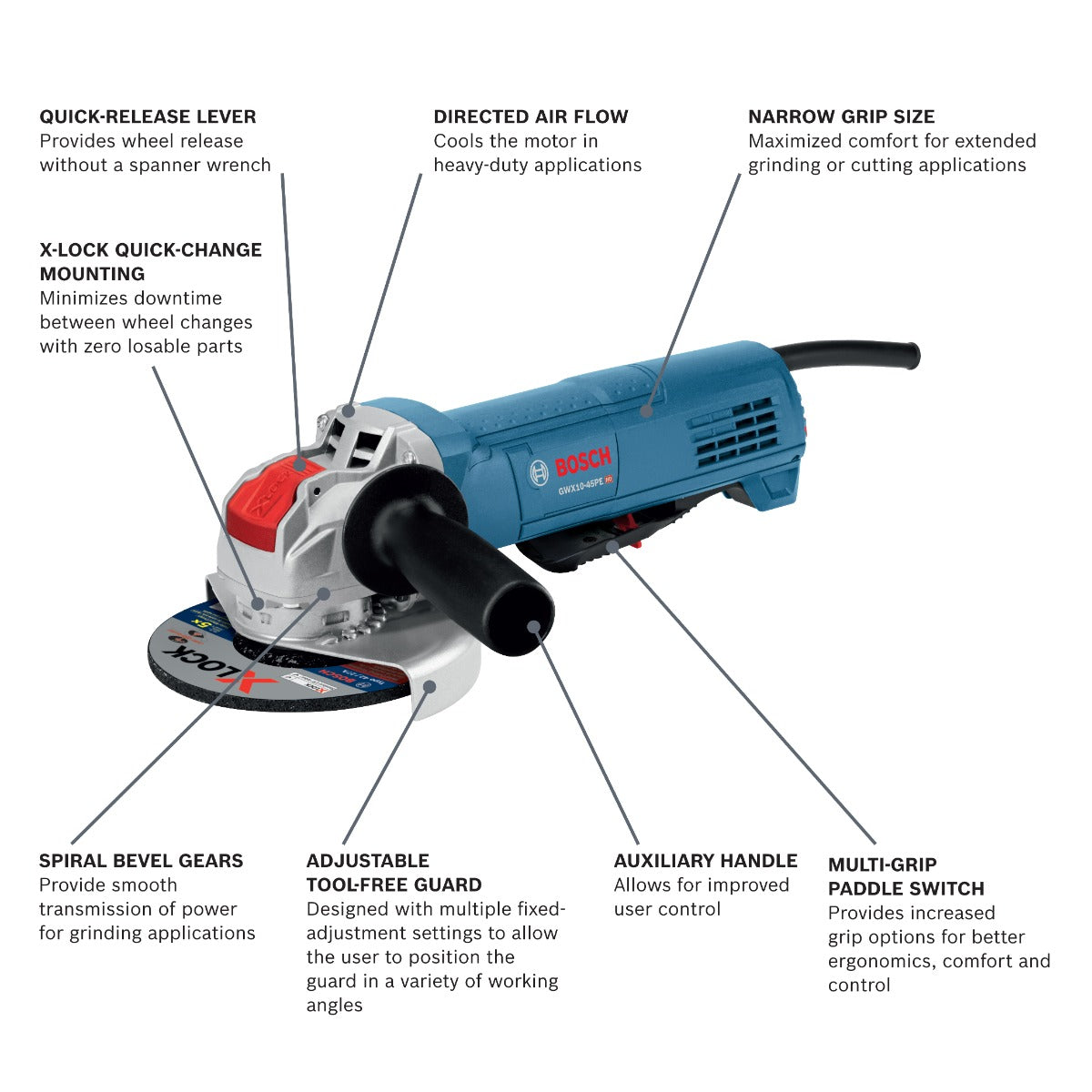 Bosch 4-1/2" X-Lock Angle Grinder w/ Paddle Switch, 10A GWX10-45PE