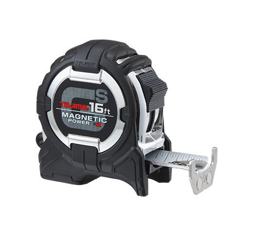 Tajima Tool GS-Lock Tape Measure with Compatible Clip, Steel Blade, Strong Tape & Magnetic Power x2, 16 ft. x 1 in. GS-SC16BW