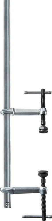 Close-up of a sliding clamp arm on a tall steel bar from a large capacity GSV300M clamp set.