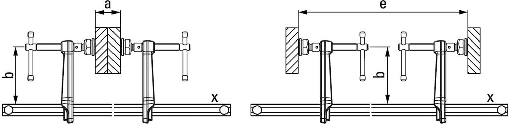 Engineering drawing of the clamp system with labeled dimensions and mounting geometry.