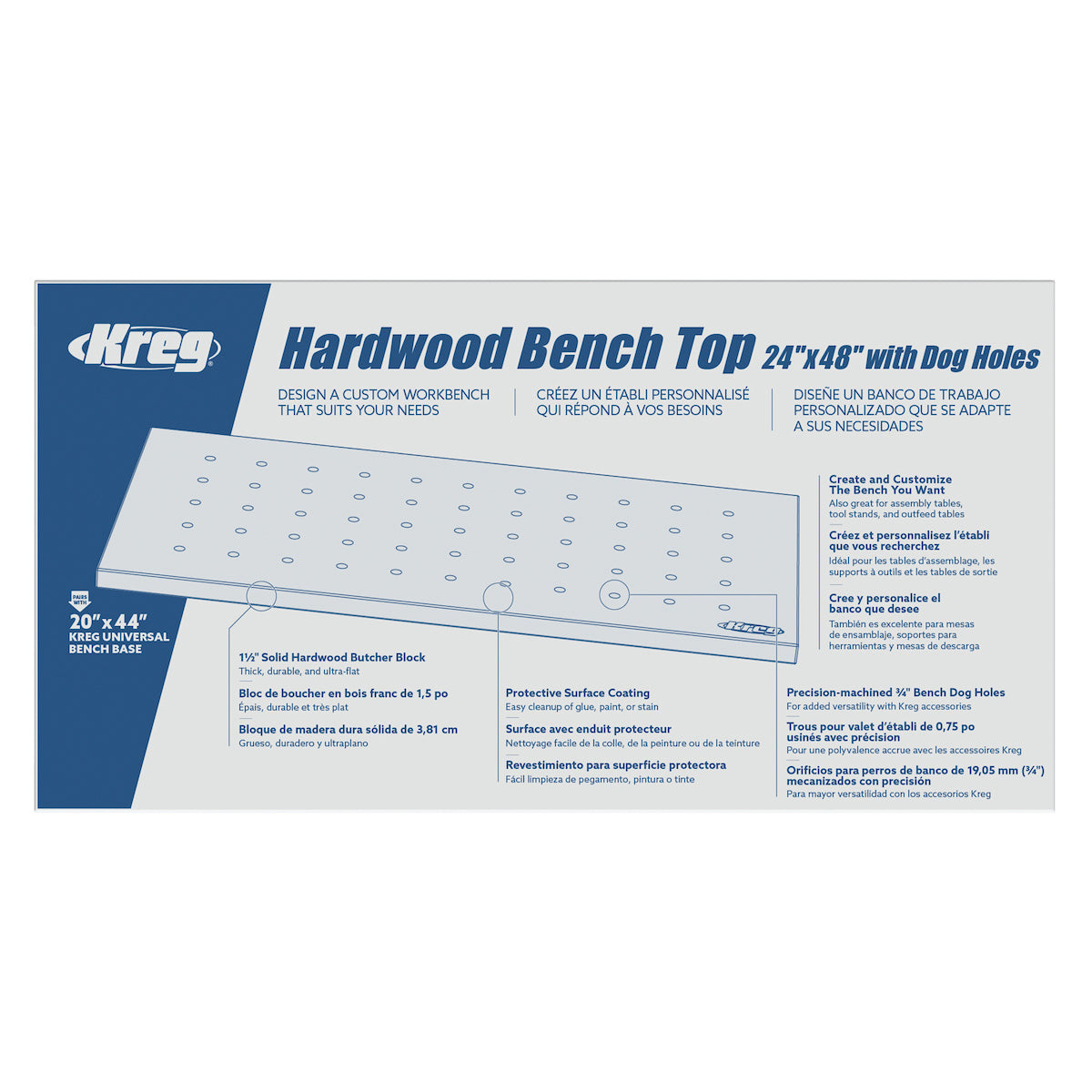 Kreg 24 x 48 in. Hardwood Bench Top with Dog Holes HWBT-4824-DH