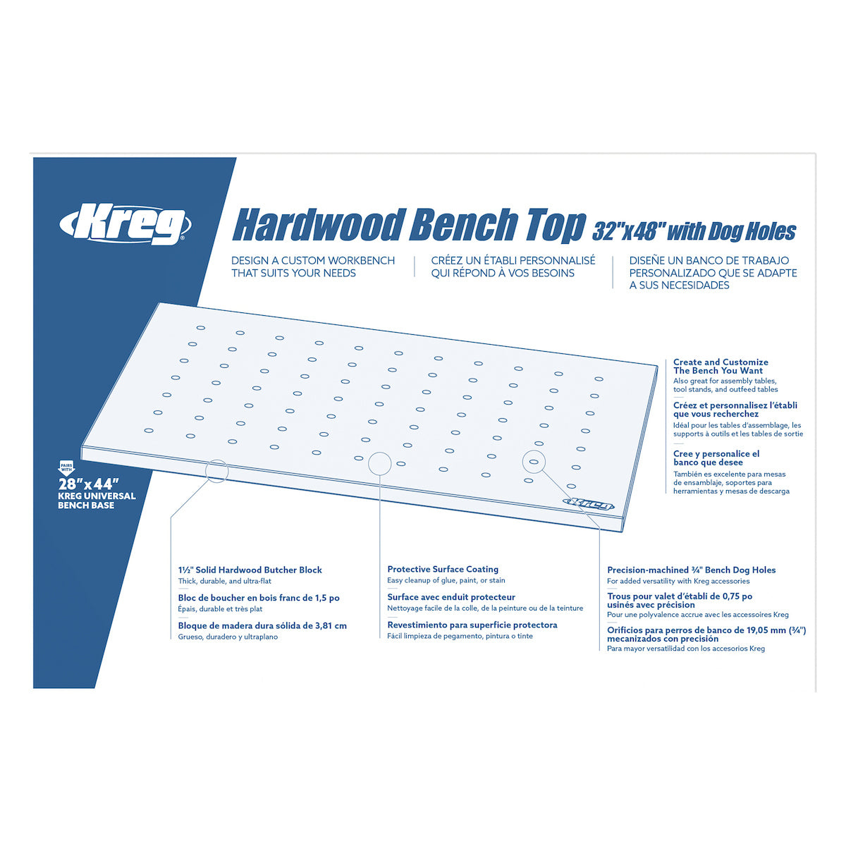 Kreg 32 x 48 in. Hardwood Bench Top with Dog Holes HWBT-4832-DH
