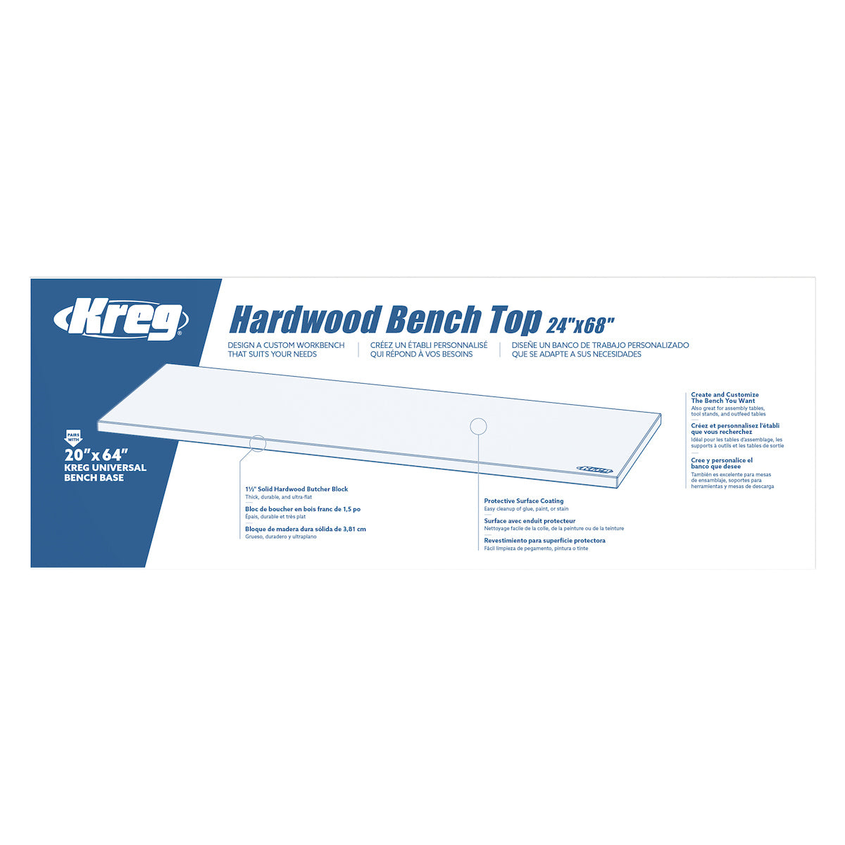 Kreg 24 x 68 in. Hardwood Bench Top HWBT-6824