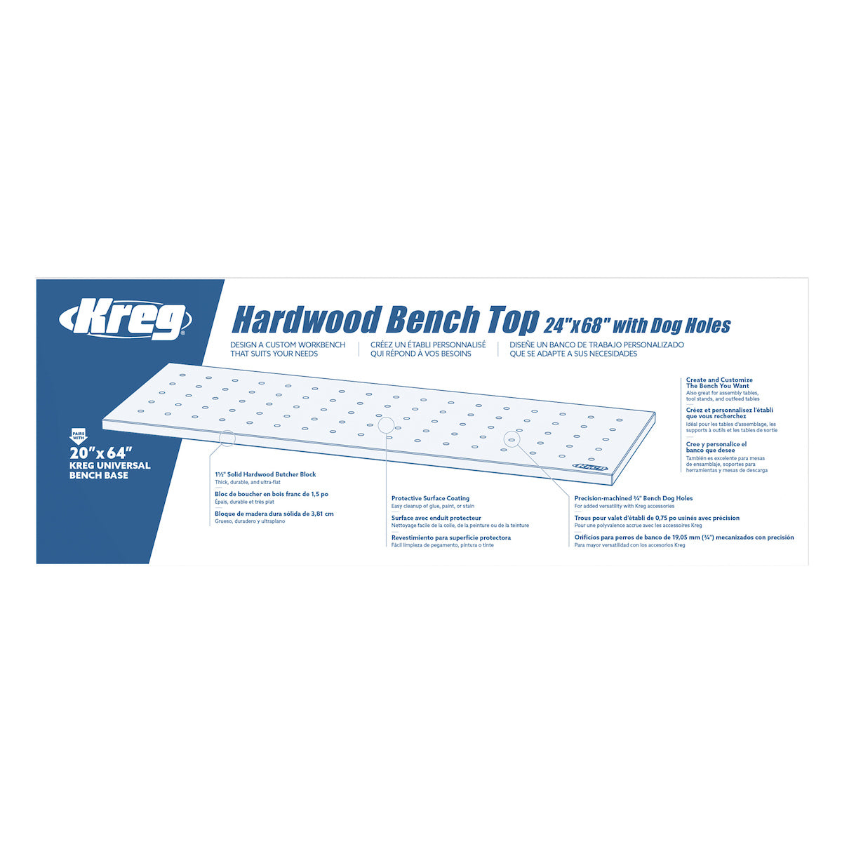 Kreg 24 x 68 in. Hardwood Bench Top with Dog Holes HWBT-6824-DH