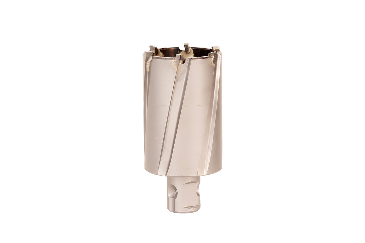 Fein Slugger annular cutter shown attached to a drilling tool with universal shank and guide rod visible