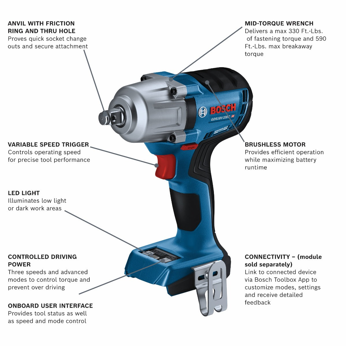 Bosch 18V Brushless 1/2" Impact Wrench Friction Ring (Bare) GDS18V-330CN