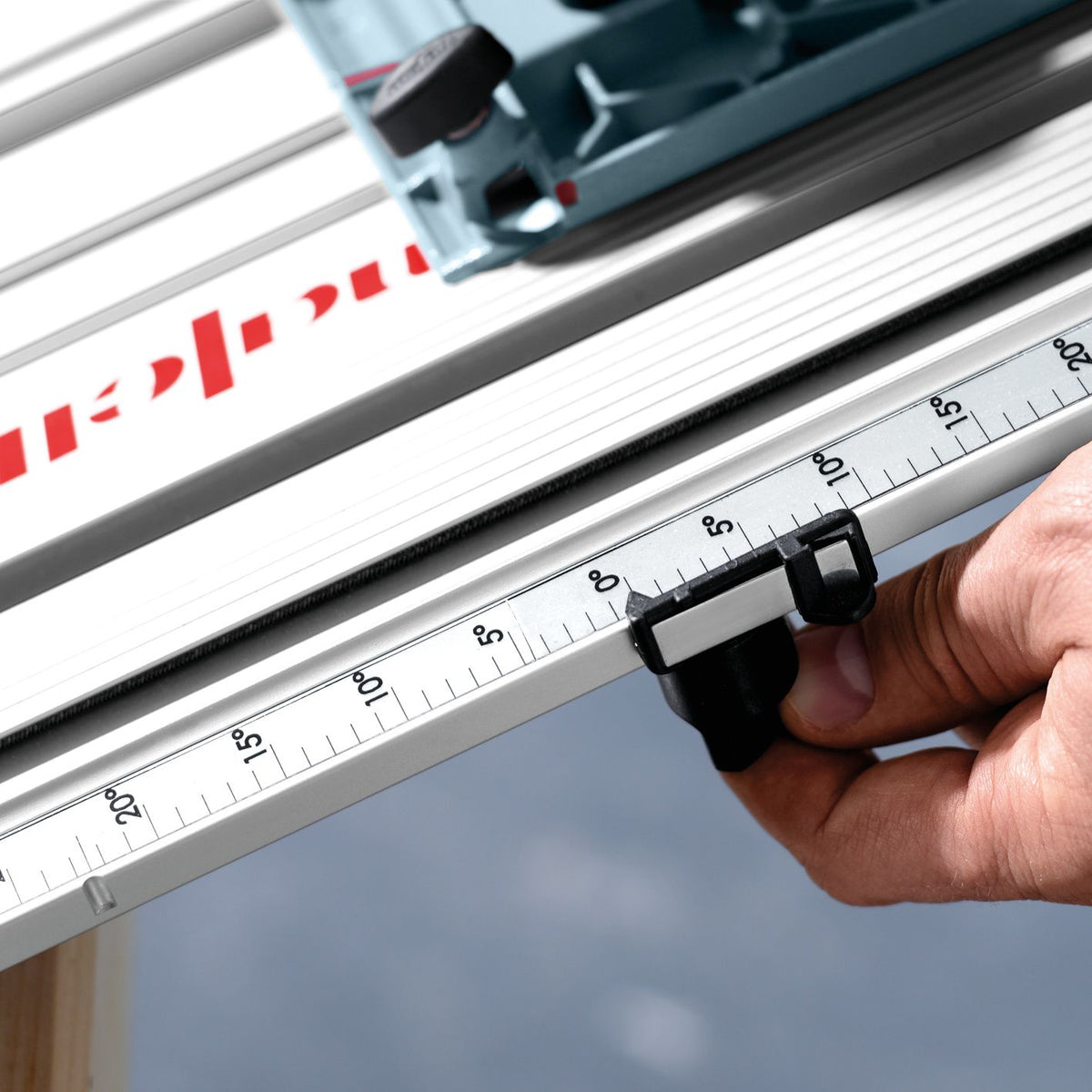 Close up of Mafell Guide Track ML 770 mm with measurement scale and adjustment knob
