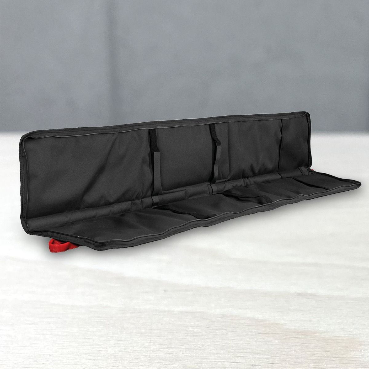 Open Mafell guide rail bag laid flat with padded interior and multiple pockets for accessories.