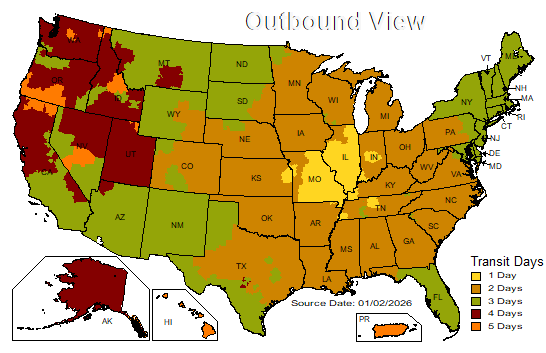Map of the United States showing outbound transit days for various states.