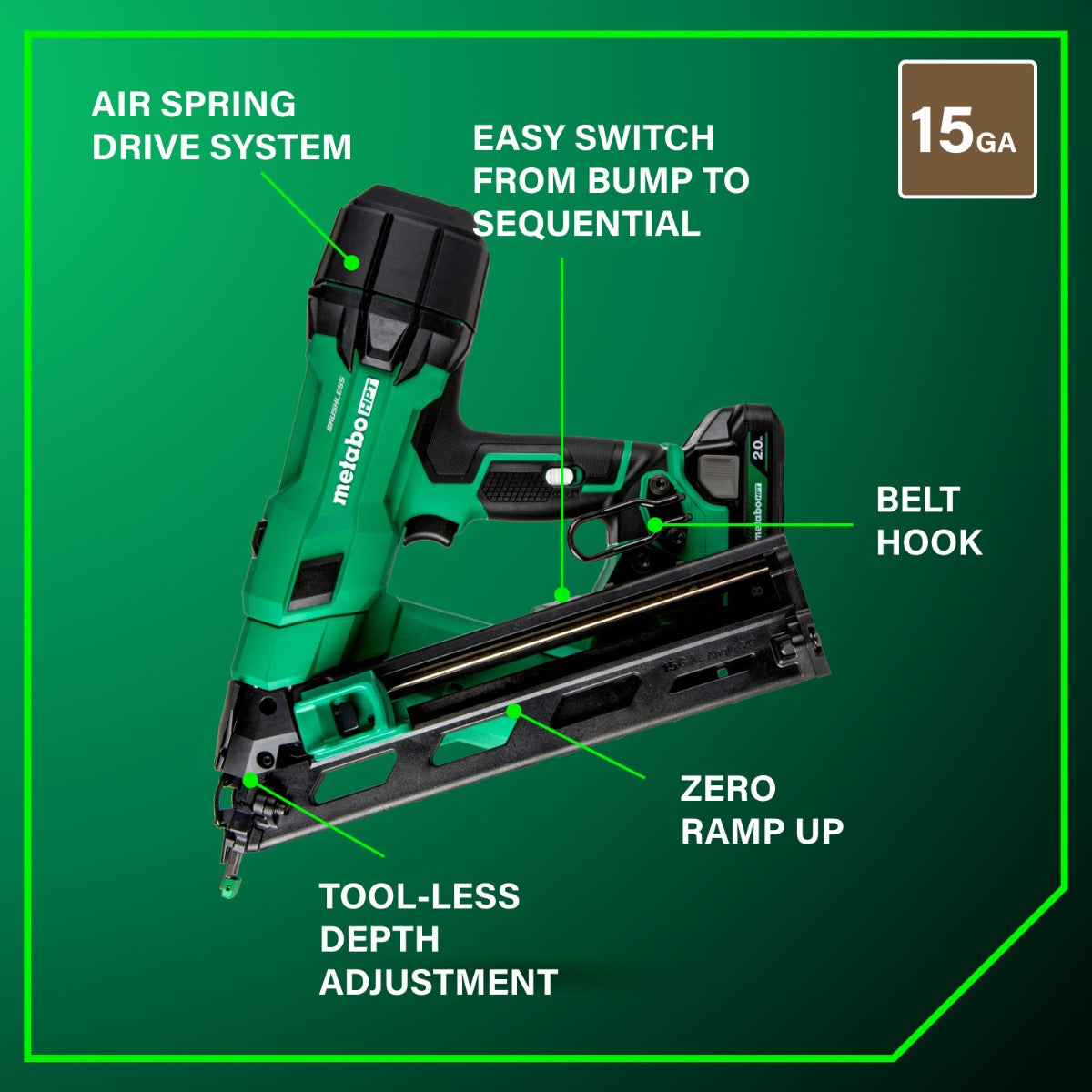 Metabo 18V Cordless 15GA Angled Finish Nailer (1x2.0Ah) NT1865DAAM