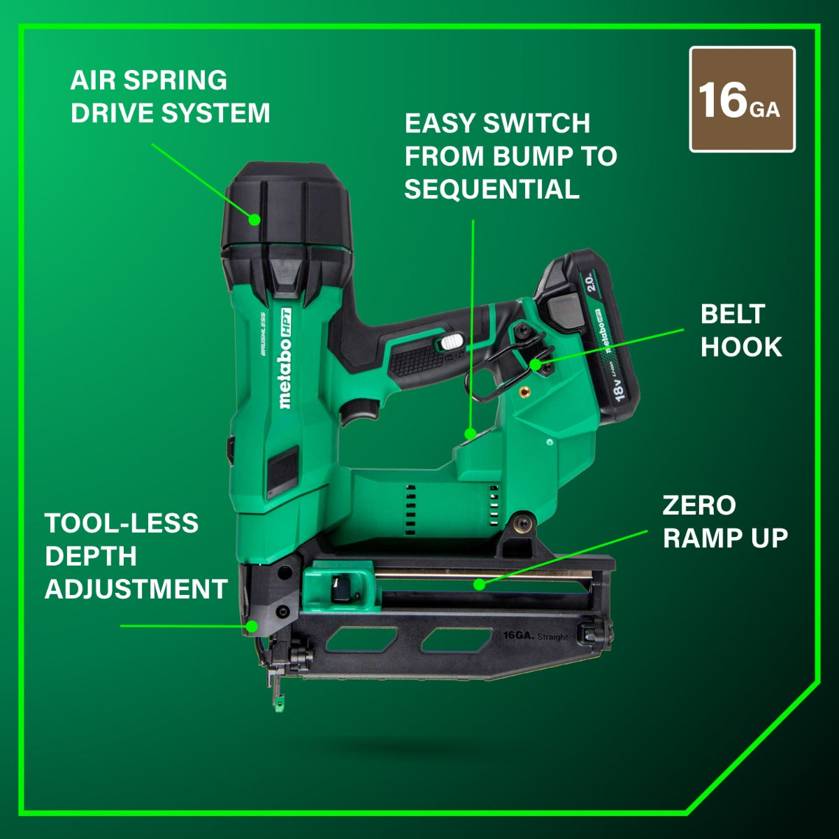 Metabo 18V Cordless 16GA Straight Finish Nailer (1x2.0Ah) NT1865DSAM