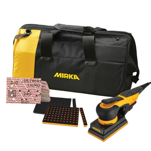 Mirka 3"x4" Orbital Sander DEOS 343XCV + Groove Interface Pad + Ultimax Ligno Grip P180 + Tool Bag Bundle MUS-SUM25-EL2