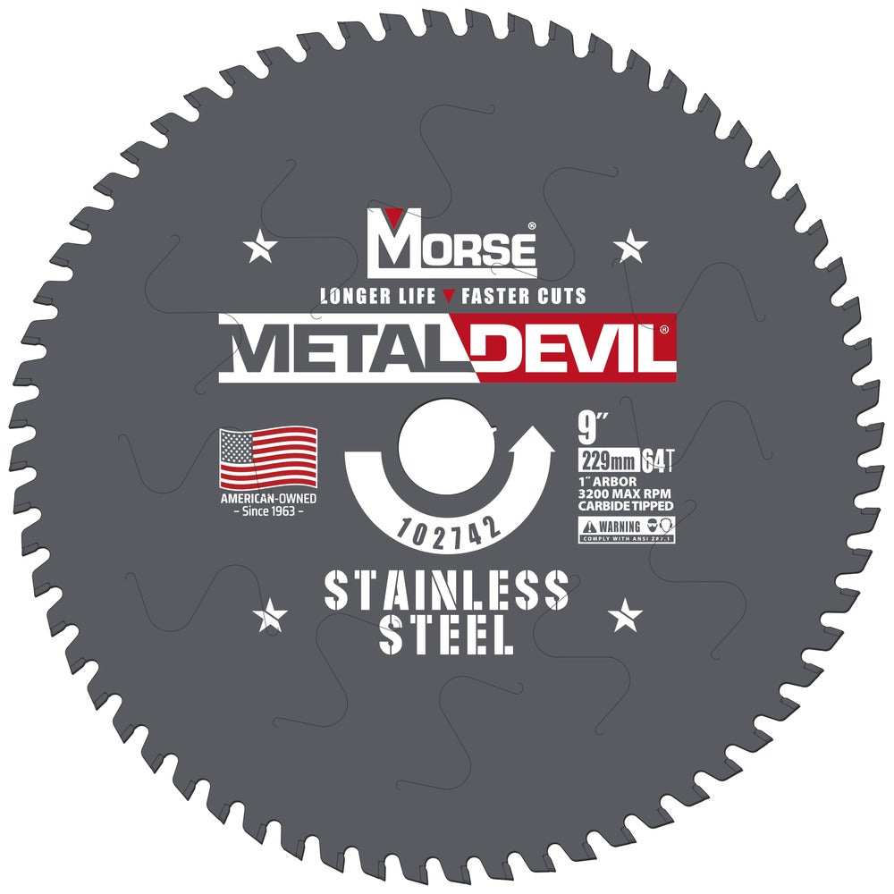 MK Morse 9" 64T Metal Devil Stainless Steel Cutting Circular Saw Blade 1" Arbor 102742