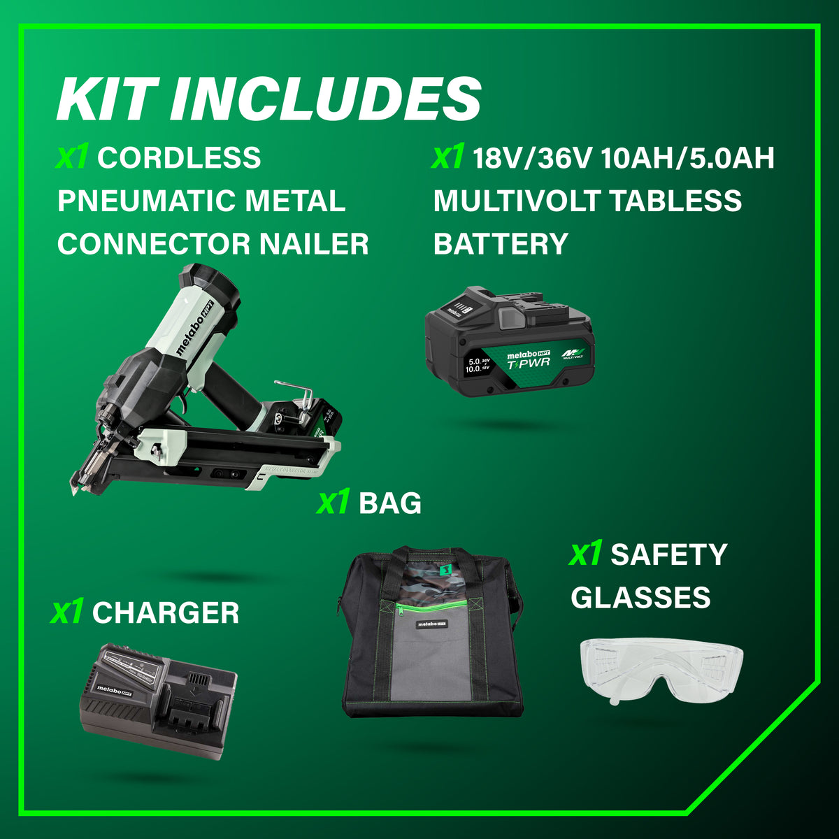 Metabo HPT 18V Cordless Pneumatic 2-1/2 in. Metal Connector Nailer Kit with 10.0 Ah Battery NR1865DKAQRY