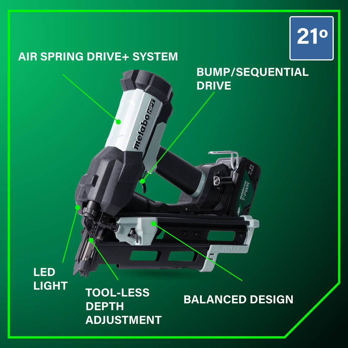 Metabo HPT 18V 21° Cordless Pneumatic 3 in. Duplex Forming Nailer Kit with 10.0 Ah Battery NR1875DDAQRY