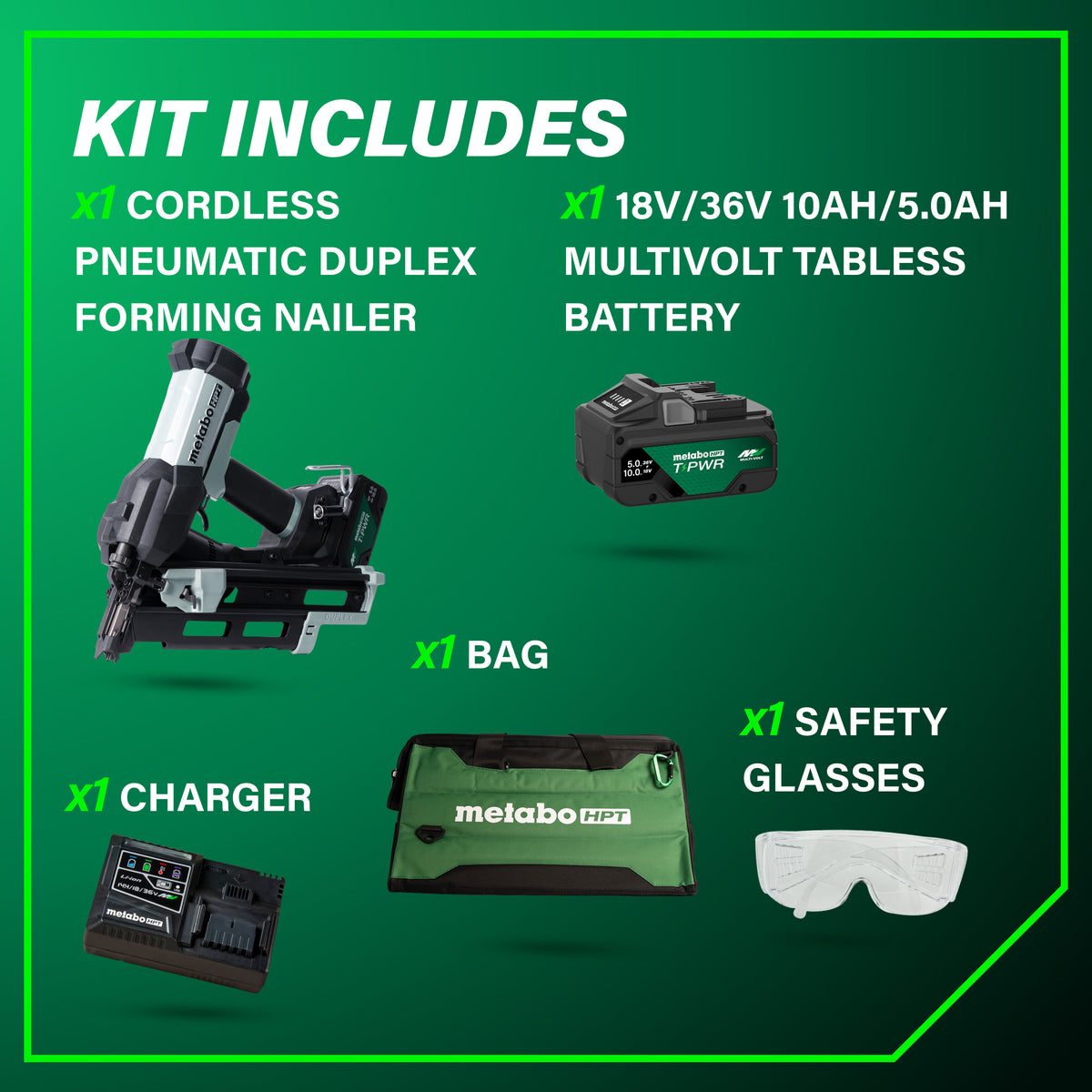 Metabo HPT 18V 21° Cordless Pneumatic 3 in. Duplex Forming Nailer Kit with 10.0 Ah Battery NR1875DDAQRY