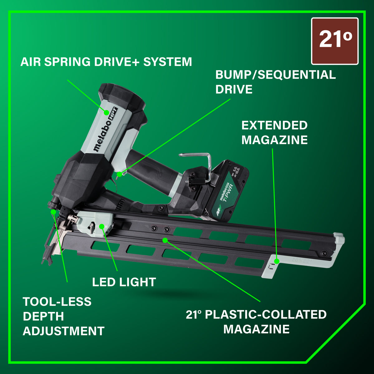 Metabo HPT 18V 21° Cordless Pneumatic 3-1/2 in. Framing Nailer Kit with 10.0 Ah Battery NR1890DRBQRY