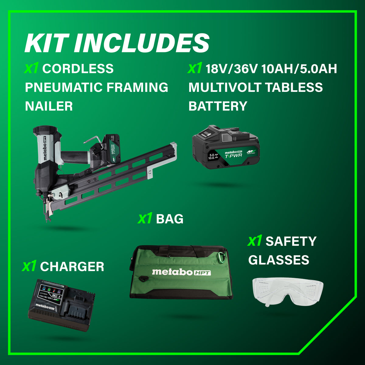Metabo HPT 18V 21° Cordless Pneumatic 3-1/2 in. Framing Nailer Kit with 10.0 Ah Battery NR1890DRBQRY