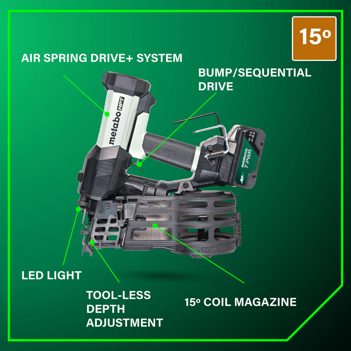 Metabo HPT 18V 15° Cordless Pneumatic 3-1/2 in. Coil Framing Nailer Kit with 10.0 Ah Battery NV1890DAQRY