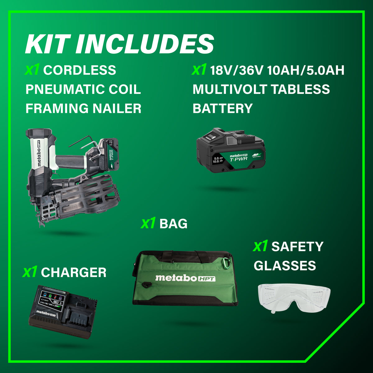 Metabo HPT 18V 15° Cordless Pneumatic 3-1/2 in. Coil Framing Nailer Kit with 10.0 Ah Battery NV1890DAQRY