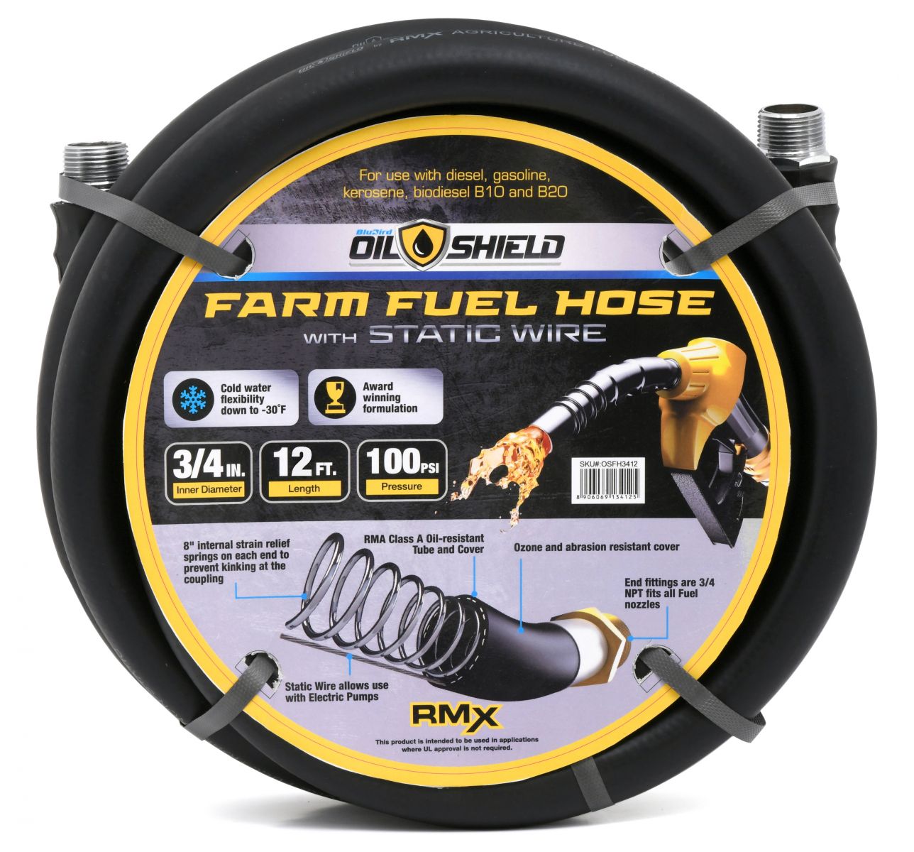 OilShield 3/4" X 12' Rubber Farm Fuel Transfer Hose with Static Wire