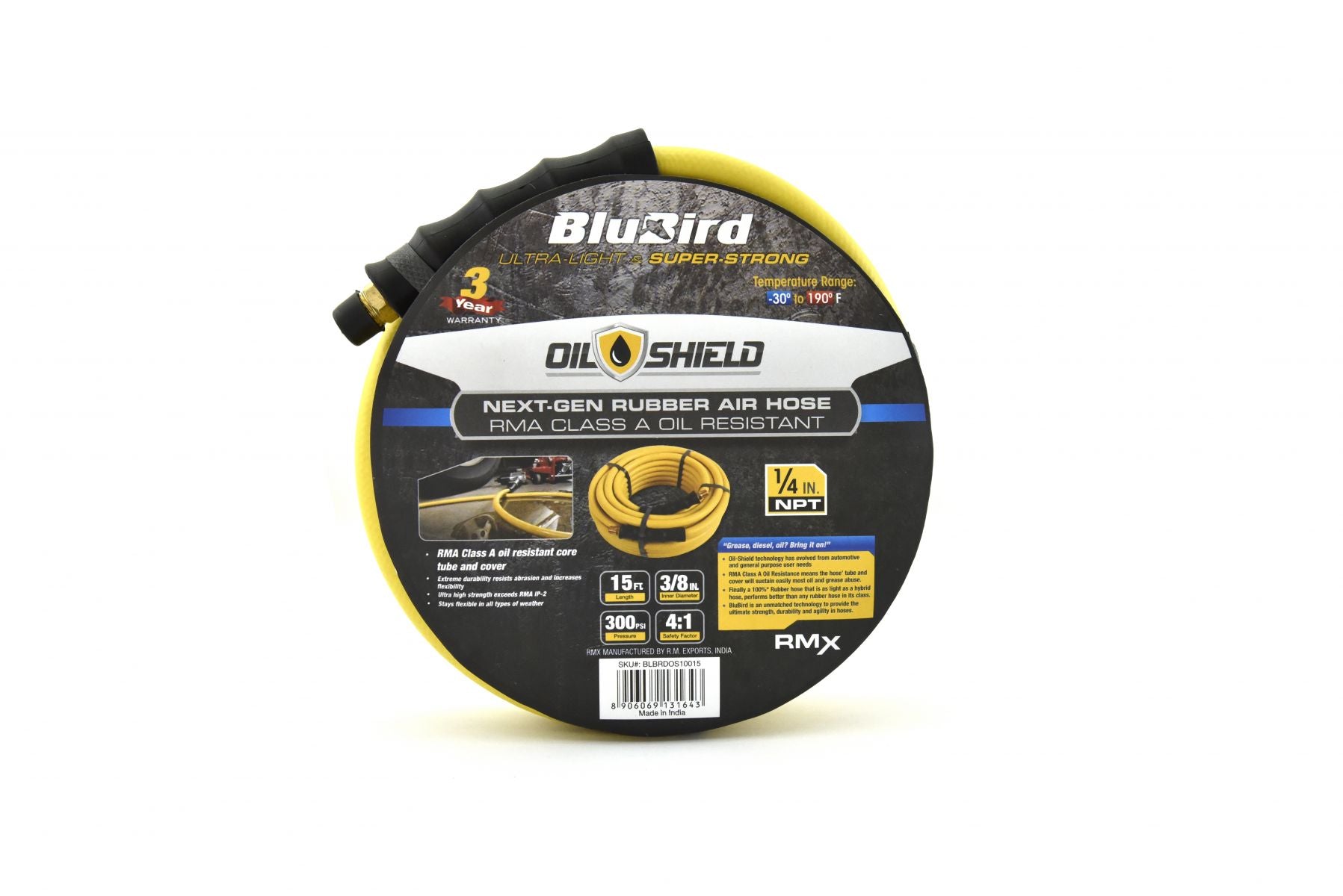 Blubird OilShield 3/8" X 15' Rubber Air Hose Assembly 3/8" Male-NPT OS3815