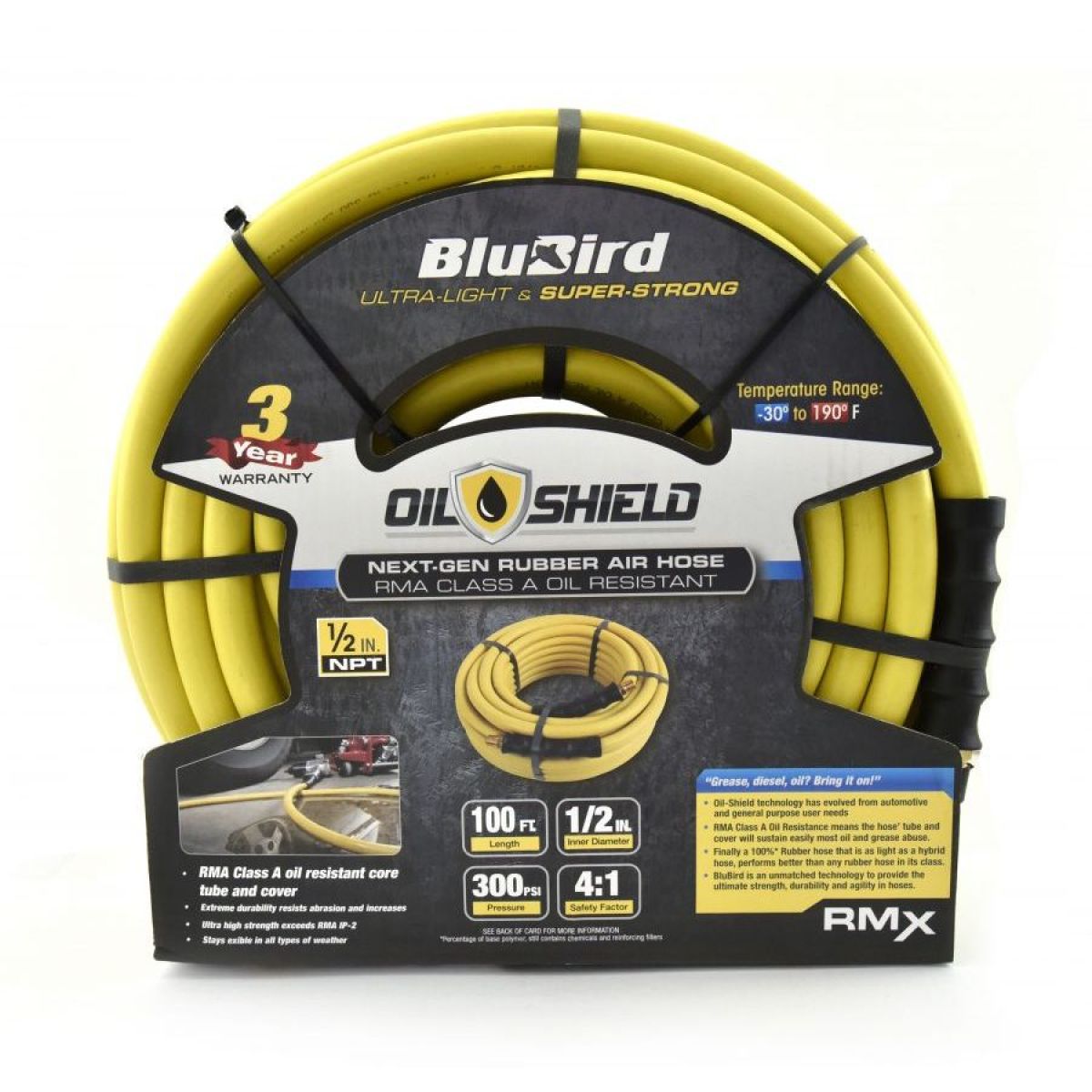 Blubird OilShield 1/2" X 100' Rubber Air Hose Assembly 1/2" Male-NPT OS12100