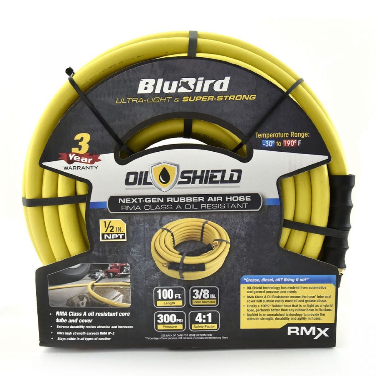 OilShield 3/8" X 100' Rubber Air Hose Assembly 3/8" Male-NPT