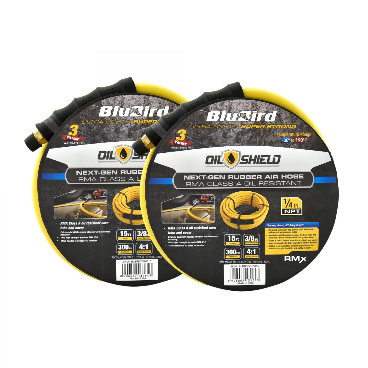 Blubird OilShield 3/8" X 15' Rubber Air Hose Assembly 3/8" Male-NPT, 2-Pack OS3815-2PK