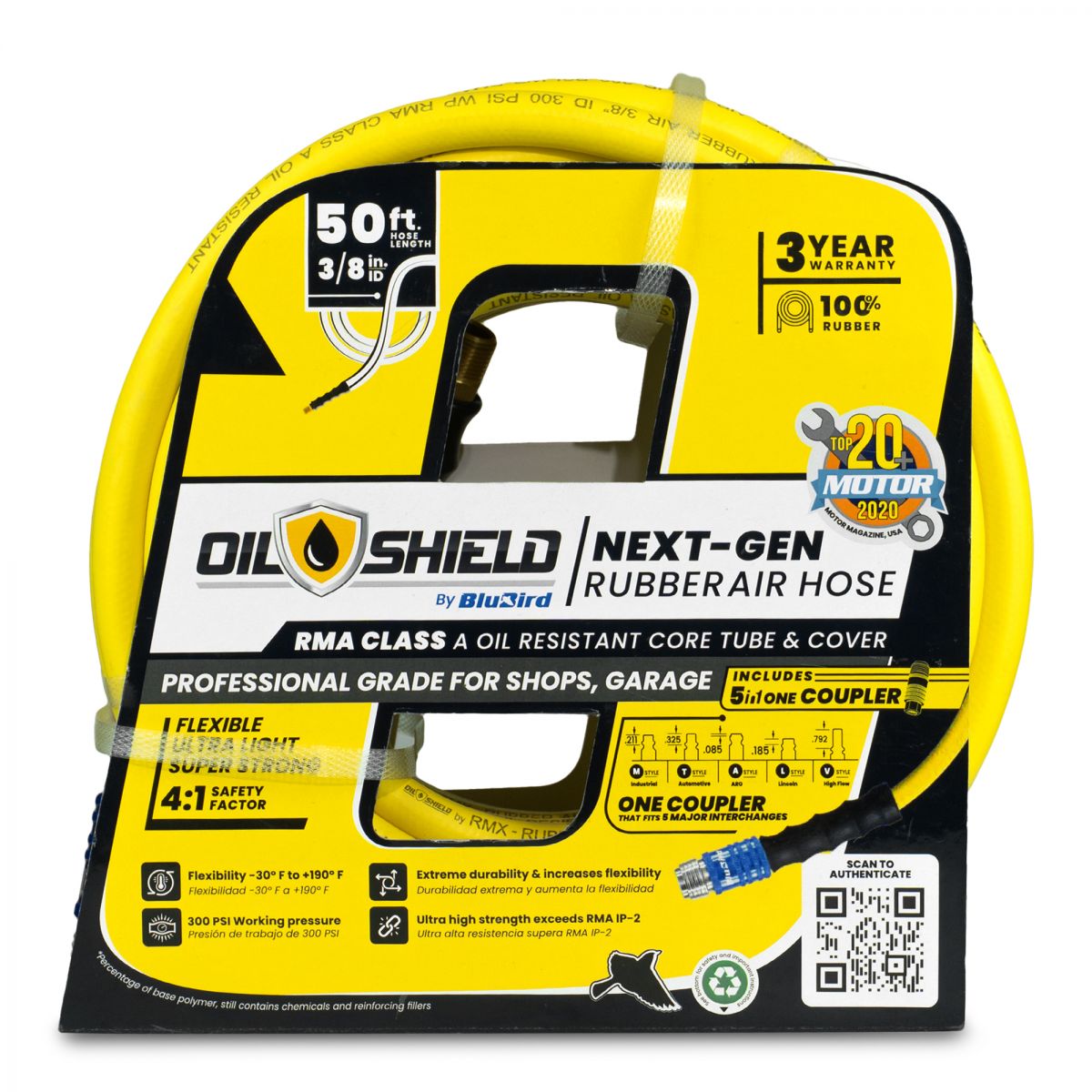 OilShield 3/8" X 50' Rubber Air Hose Assembly 3/8" Male-NPT with Universal 5 in 1 coupler