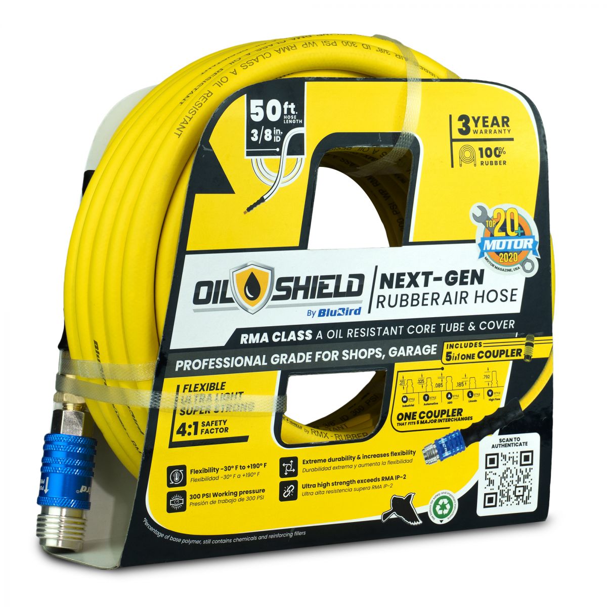 Blubird OilShield 3/8" X 50' Rubber Air Hose Assembly 3/8" Male-NPT with Universal 5 in 1 coupler OS3850-5CP