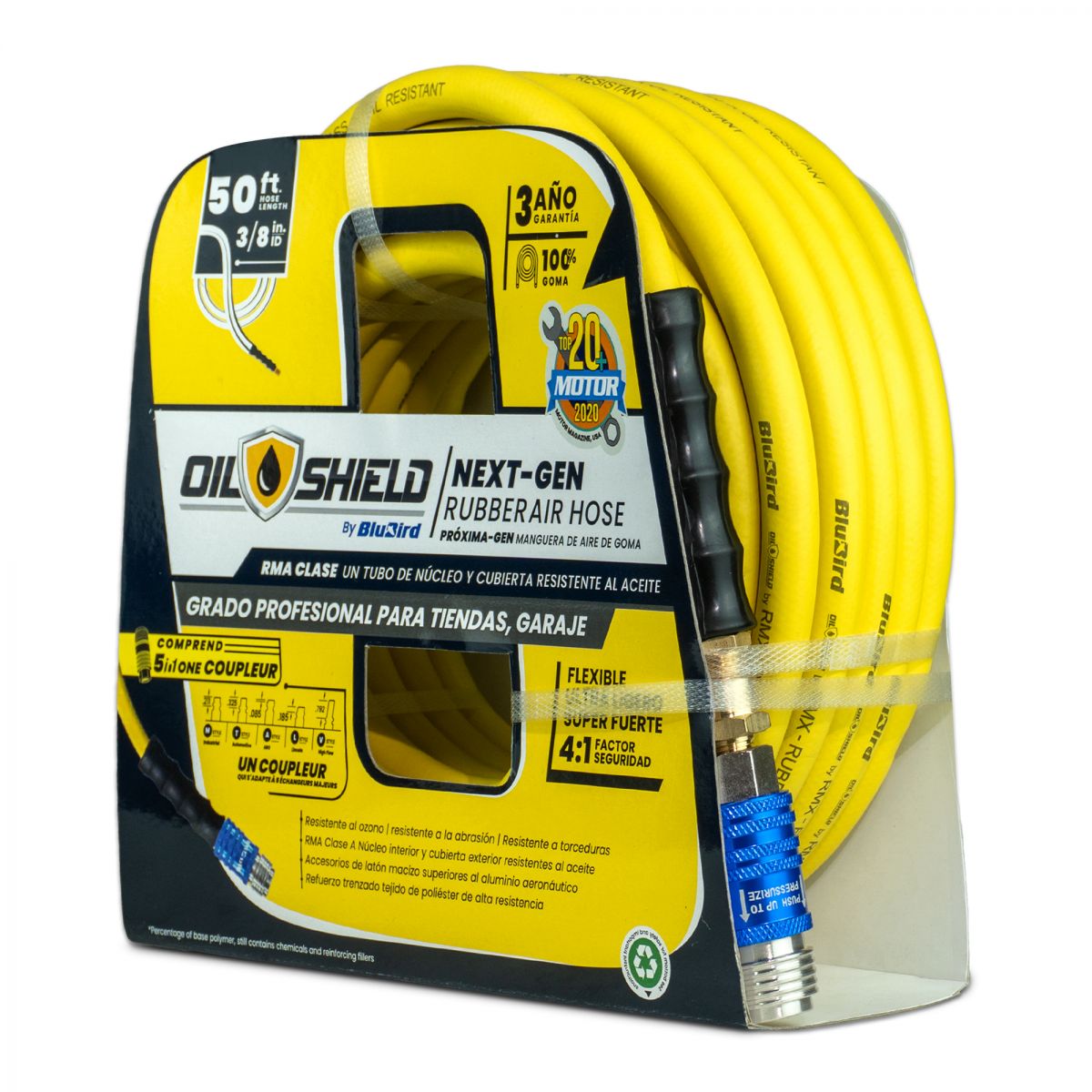 Blubird OilShield 3/8" X 50' Rubber Air Hose Assembly 3/8" Male-NPT with Universal 5 in 1 coupler OS3850-5CP
