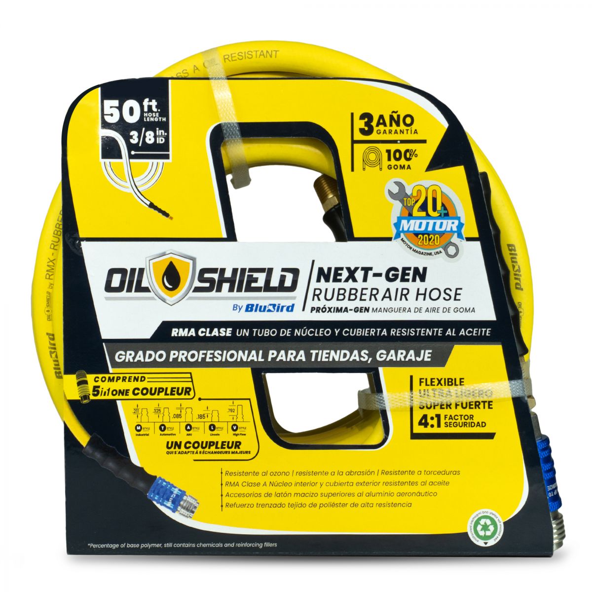 Blubird OilShield 3/8" X 50' Rubber Air Hose Assembly 3/8" Male-NPT with Universal 5 in 1 coupler OS3850-5CP
