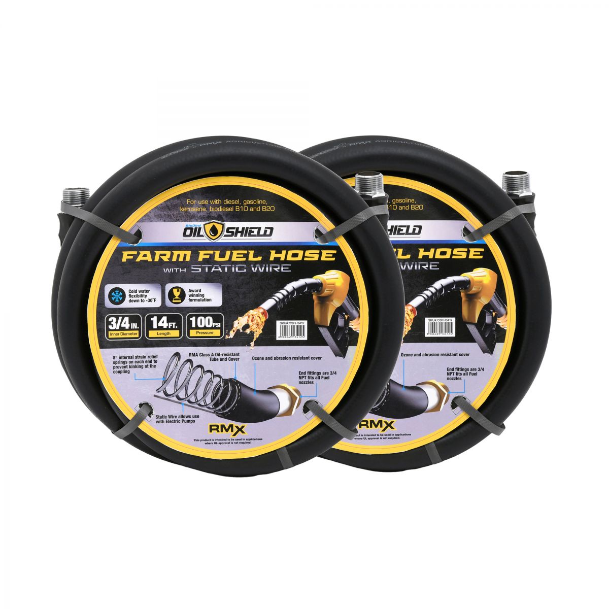 Blubird OilShield 3/4" X 14' Rubber Farm Fuel Transfer Hose with Static Wire, 2-Pack OSFH3414-2PK