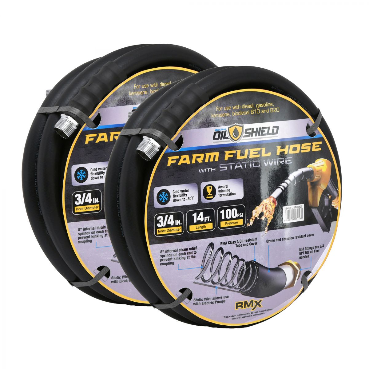 Blubird OilShield 3/4" X 14' Rubber Farm Fuel Transfer Hose with Static Wire, 2-Pack OSFH3414-2PK