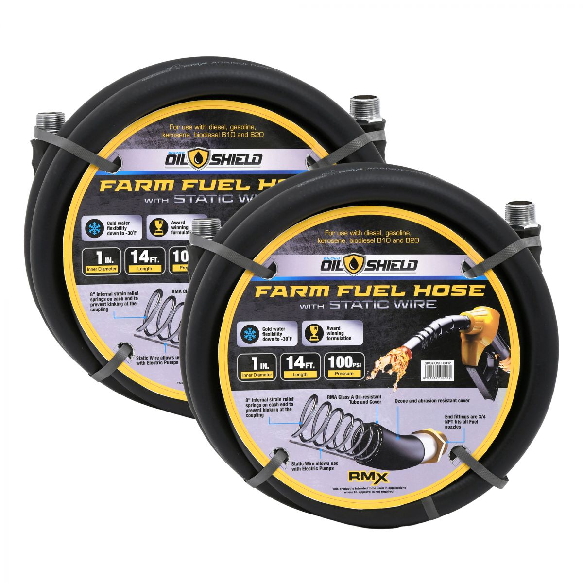 Blubird OilShield 1" X 12' Rubber Farm Fuel Transfer Hose with Static Wire, 2-Pack OSFHONE12-2PK