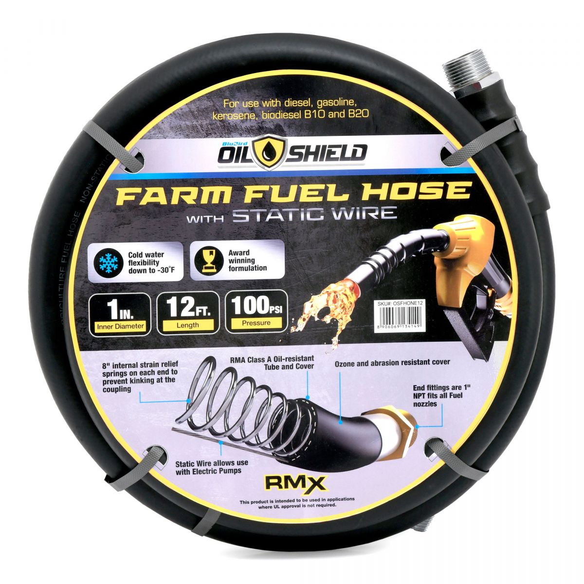 Blubird OilShield 1" X 12' Rubber Farm Fuel Transfer Hose with Static Wire OSFHONE12